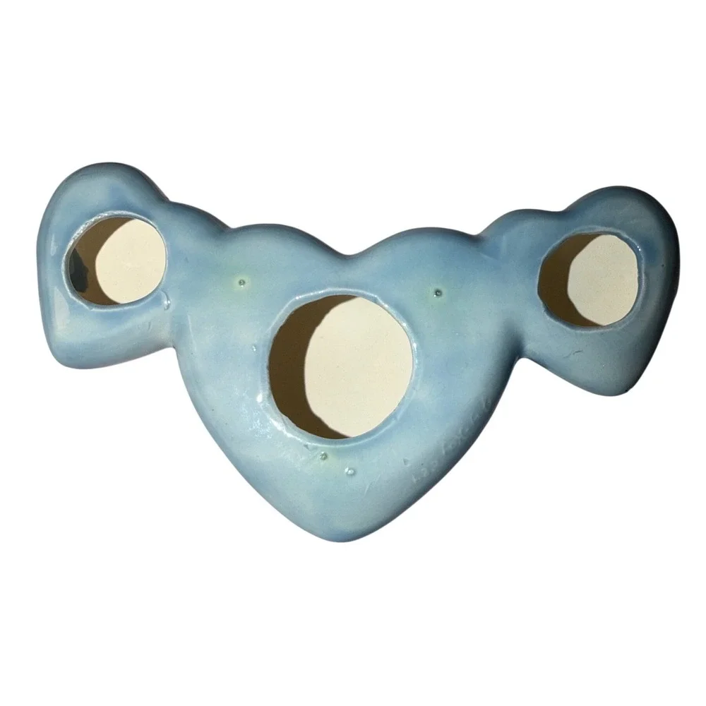 Vtg Blue Ceramic Triple Heart Bud Oversized Necklace Charm Whimsical Puffy Heart